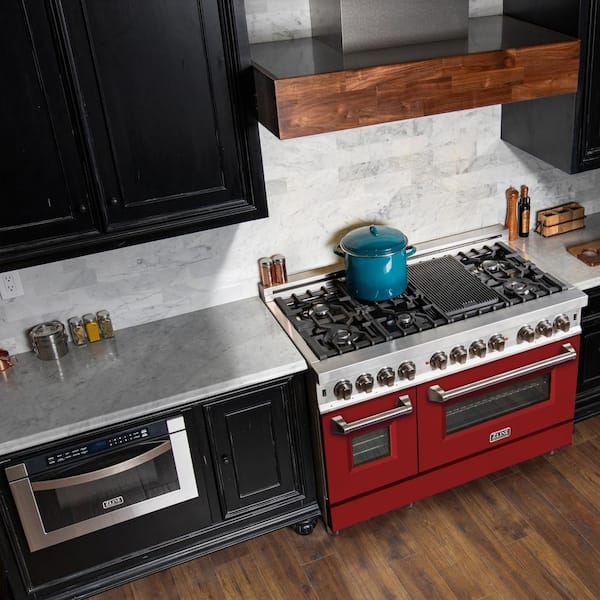 48 in. 7 Burner Double Oven Dual Fuel Range with Red Matte Door in Stainless Steel