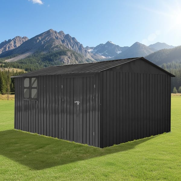 Black 12x10 Ft Metal Outdoor Garden Storage Shed with Windows