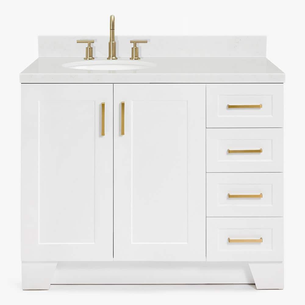 Taylor White Quartz Single Basin Freestanding Vanity with Gold Hardware