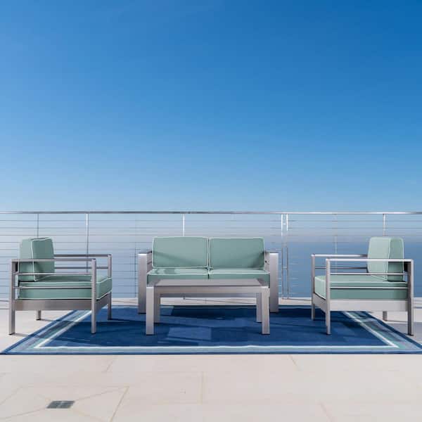 Noble House Cape Coral Silver 4-Piece Metal Patio Conversation Set with Canvas Spa Sunbrella Cushions