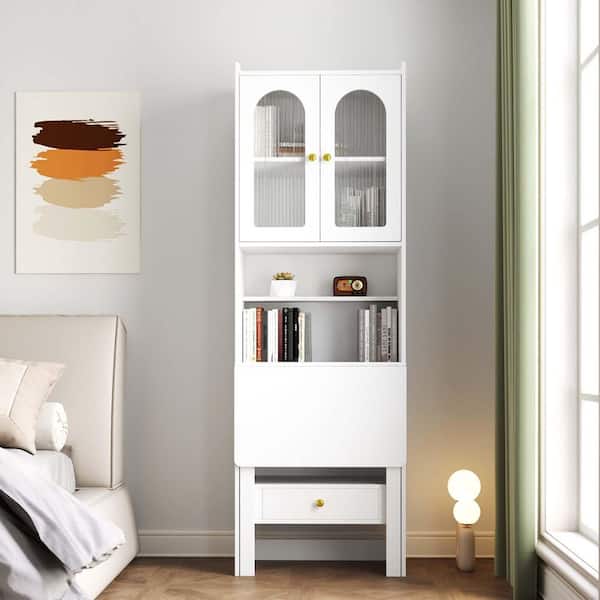 Unbranded 71 in. Tall White Wood Bookcase Modern Accent Bookshelf Storage Cabinet with Fold-Out Writing Table for Home Office