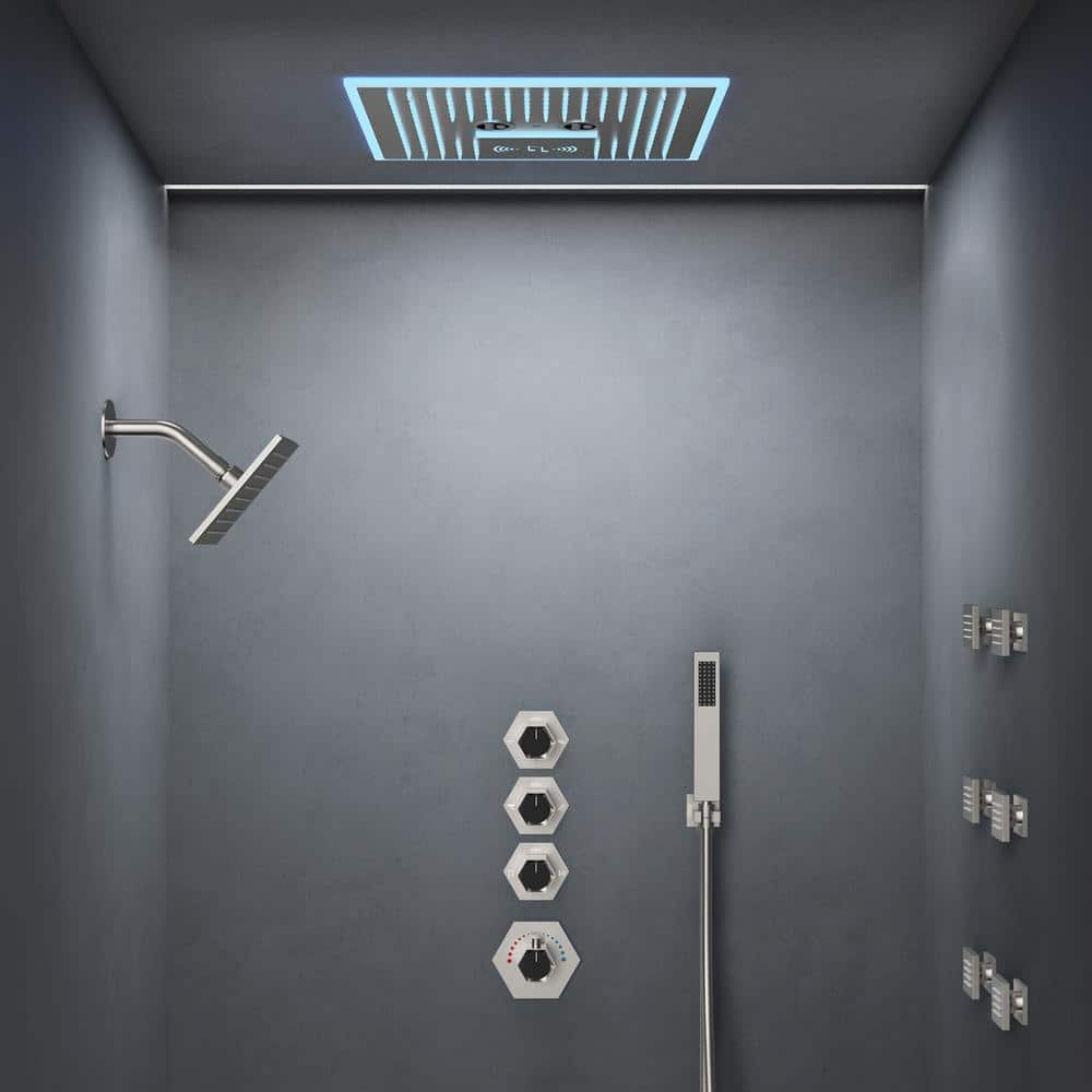 Brushed Nickel Dual Head LED Shower System with Bluetooth Speaker