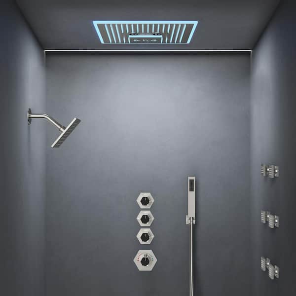 GRANDJOY 6-Spray 16 in. AuroraMist LED Shower Dual Ceiling Mount Fixed and Handheld Shower Head 2.5 GPM in Brushed Nickel