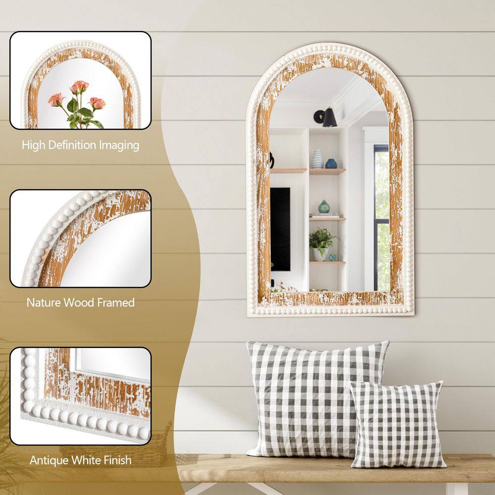 Antique White Arched Wood Vanity Wall Mirror with Beaded Frame