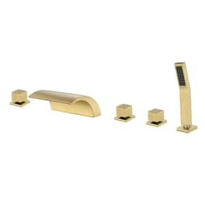 3-Handle Waterfall Deck-Mount Roman Tub Faucet with Hand Shower Modern Brass 5-Hole Bathtub Faucets in Brushed Gold