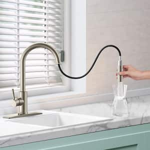 Single Handle Pull Down Sprayer Kitchen Faucet with Soap Dispenser and Deckplate in Brushed Nickel