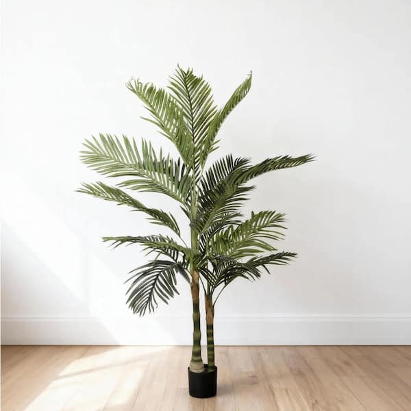 6 ft. Artificial Double Stalk Golden Cane Palm Tree with Black Pot