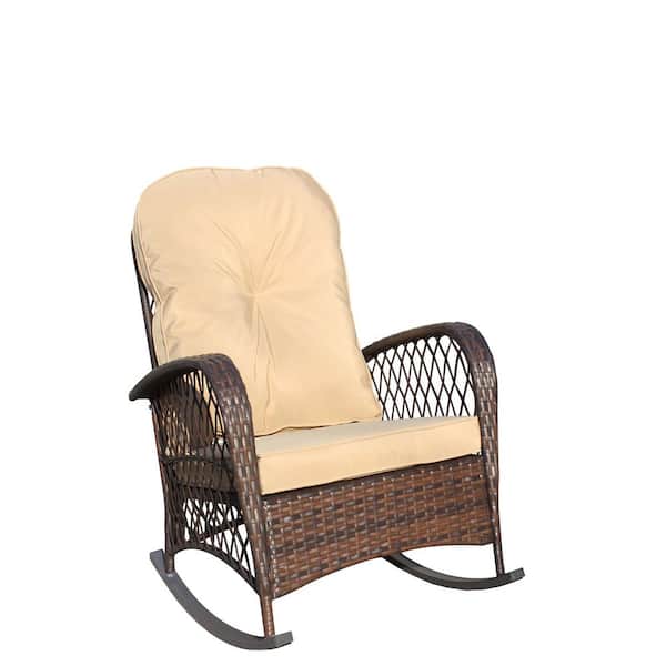 Unbranded Wicker Outdoor Rocking Chair with Shallow Brown Cushion, Wide Seat with Steel Frame for Patio, Garden, Backyard