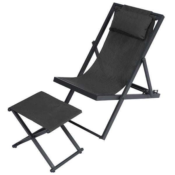 Utopia 4niture Felize Black Folding Metal Outdoor Lounge Chair with Folding Table