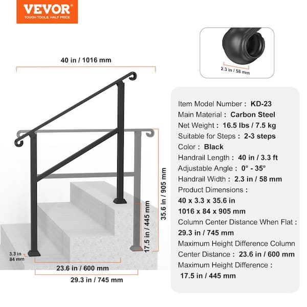 VEVOR Handrails for Outdoor Steps 2-3 Step Stair Hand Rail Indoor Railing Kit Railings for Steps Black 35.6 in. H x 3.3 in. W