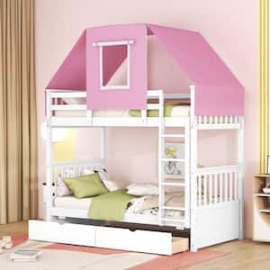 Detachable White Twin over Twin Wood Bunk Bed with Pink Tent, 2-Drawer and Built-in Ladder