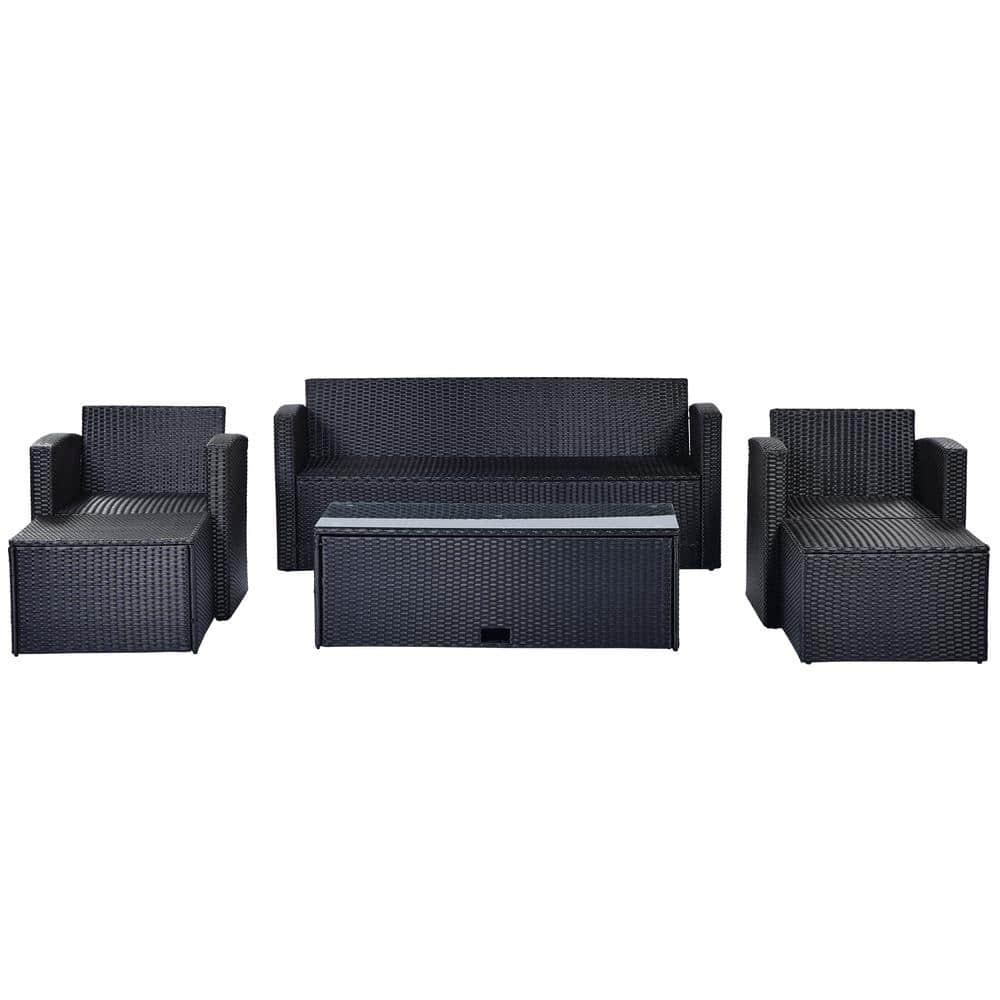 6-Piece Black Steel Frame Outdoor Sectional Sofa Set with Beige Cushions
