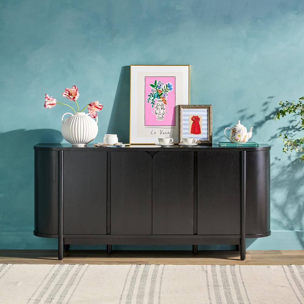 Ezra 70" Black Solid Wood Curved Sideboard Cabinet