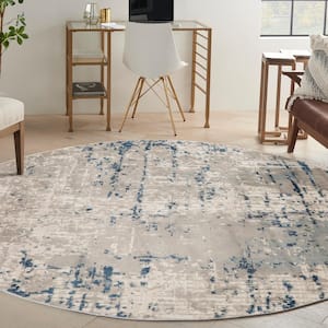 Concerto Ivory Grey Blue 5 ft. x 5 ft. Distressed Contemporary Round Area Rug