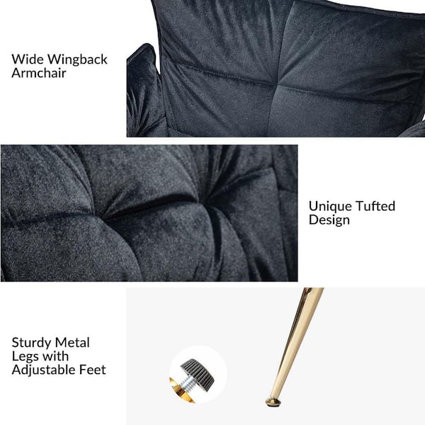 JAYDEN CREATION MδContemporary Classic Velvet Accent Black Armchair Tufted  Padded Cushion and Gold Metal Legs for Living Room Bedroom CHWH0284-BLACK -  The Home Depot