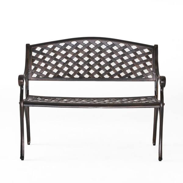 Antique Copper Cast Aluminum Outdoor Bench-2-Person Basketweave Design with Scrolled Arms