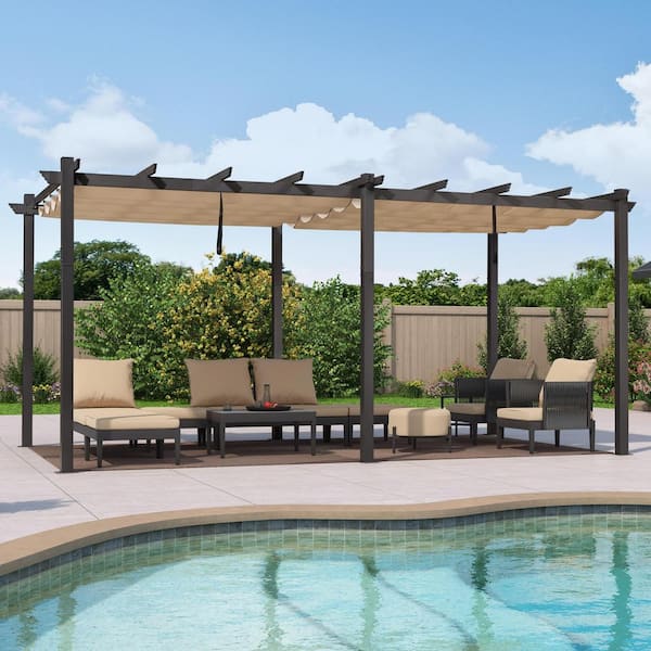 12 ft. W x 18 ft. D Outdoor Gray Aluminum Pergola with Two Individual Adjustable Khaki UV Resistant Sun Shelter Canopies