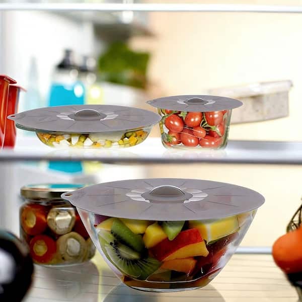 5 Piece Gray BPA Free Suction Silicone Bowl Covers Set for Food Storage-Microwave Oven Fridge Safe