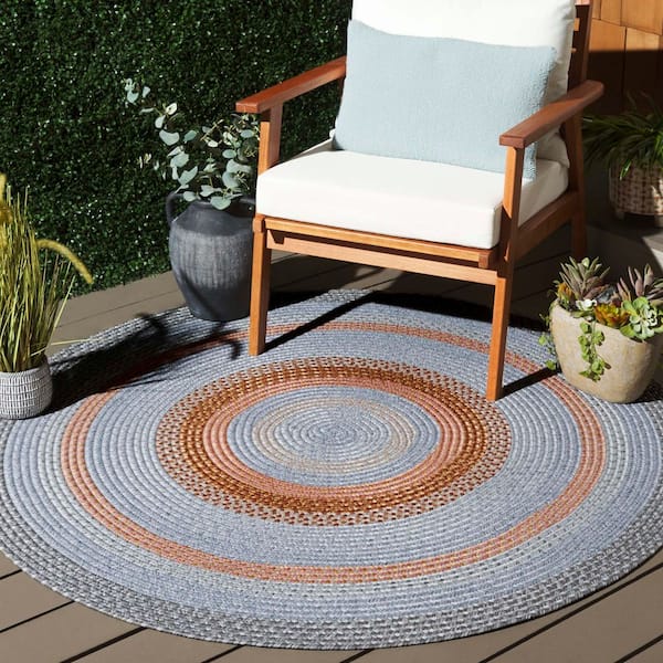 Braided Gray/Rust 3 ft. x 3 ft. Machine Washable Multi Striped Round Area Rug