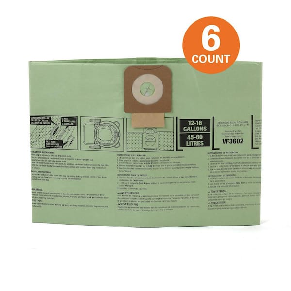 Genuine VF3602A Wet Dry Vac Cyclonic Dry Pick-up Only Dust Bags for Select 12-16 Gal. RIDGID Shop Vacuums, Size A (6pk)