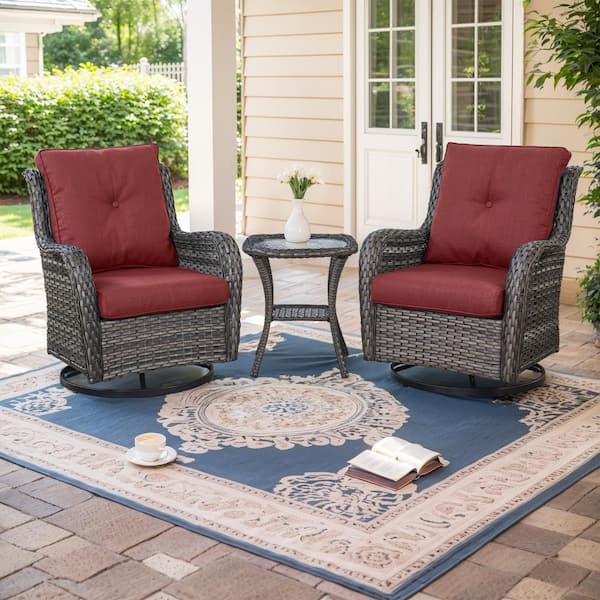 Arcline 3-Piece Patio Gray Wicker Outdoor Chat Sets with Red Olefin Cushions and Matching Side Table
