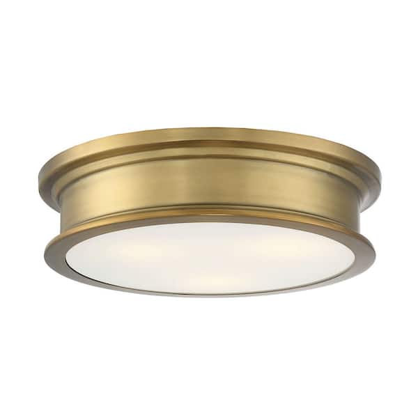 Savoy House Watkins 16 in. W x 4 in. H 3-Light Warm Brass Flush Mount Ceiling Light with Opal Glass Shade
