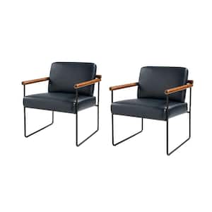 Juan Navy Modern Leather Arm Chair with Metal Base and Solid Wood Arm and Back Set of 2
