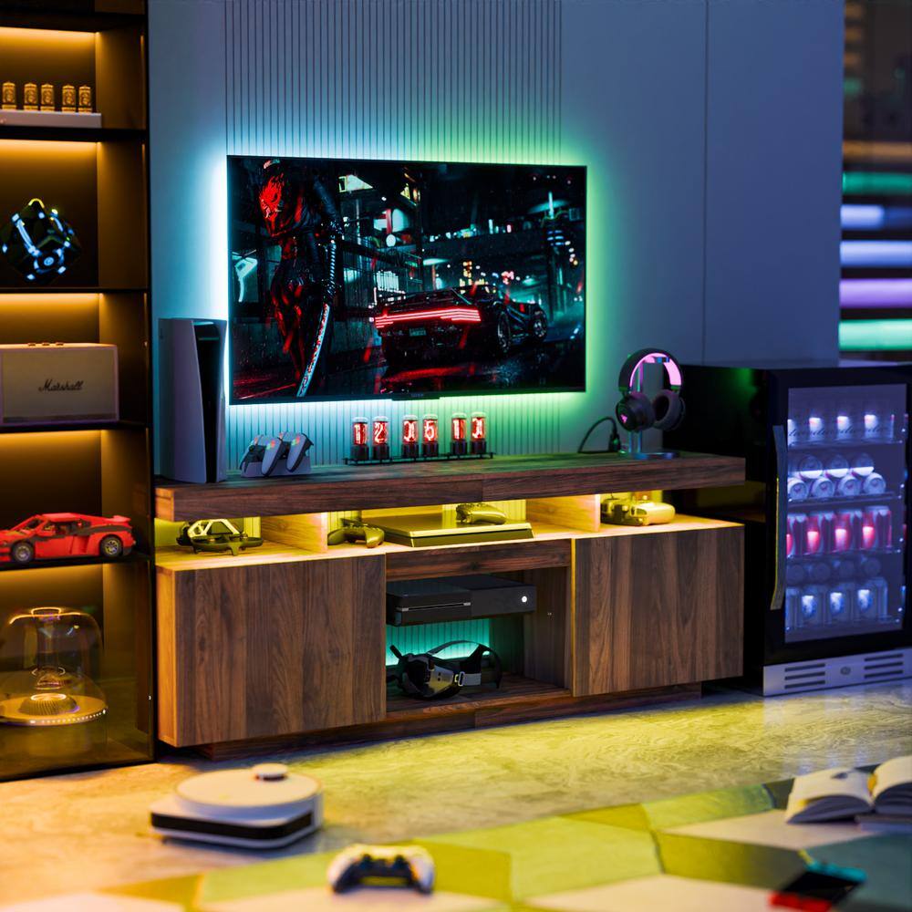 Walnut 64" Modern TV Stand with LED Lighting and Cabinets