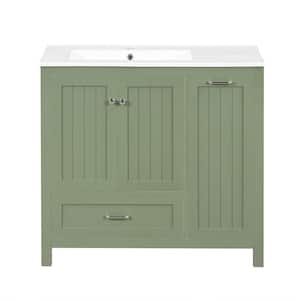 36 in. W Single Sink Freestanding Bath Vanity in Green with White Ceramic Top and Multi-Functional Drawer