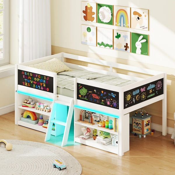 Low Loft Bed Twin Size Wooden Bed Frame Kid's Cabin Bed w/ Bookcases White