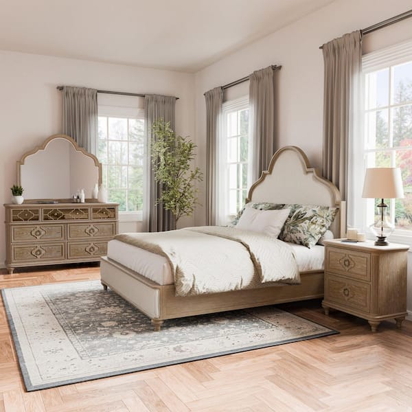 Brightwell 4-Piece Rustic Oak Wood King Panel Bedroom Set with Nightstand and Dresser/Mirror
