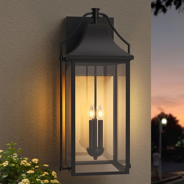 Hawaii 25 in. H 3-Bulb Black Hardwired Outdoor Wall Lantern Sconce with Dusk to Dawn