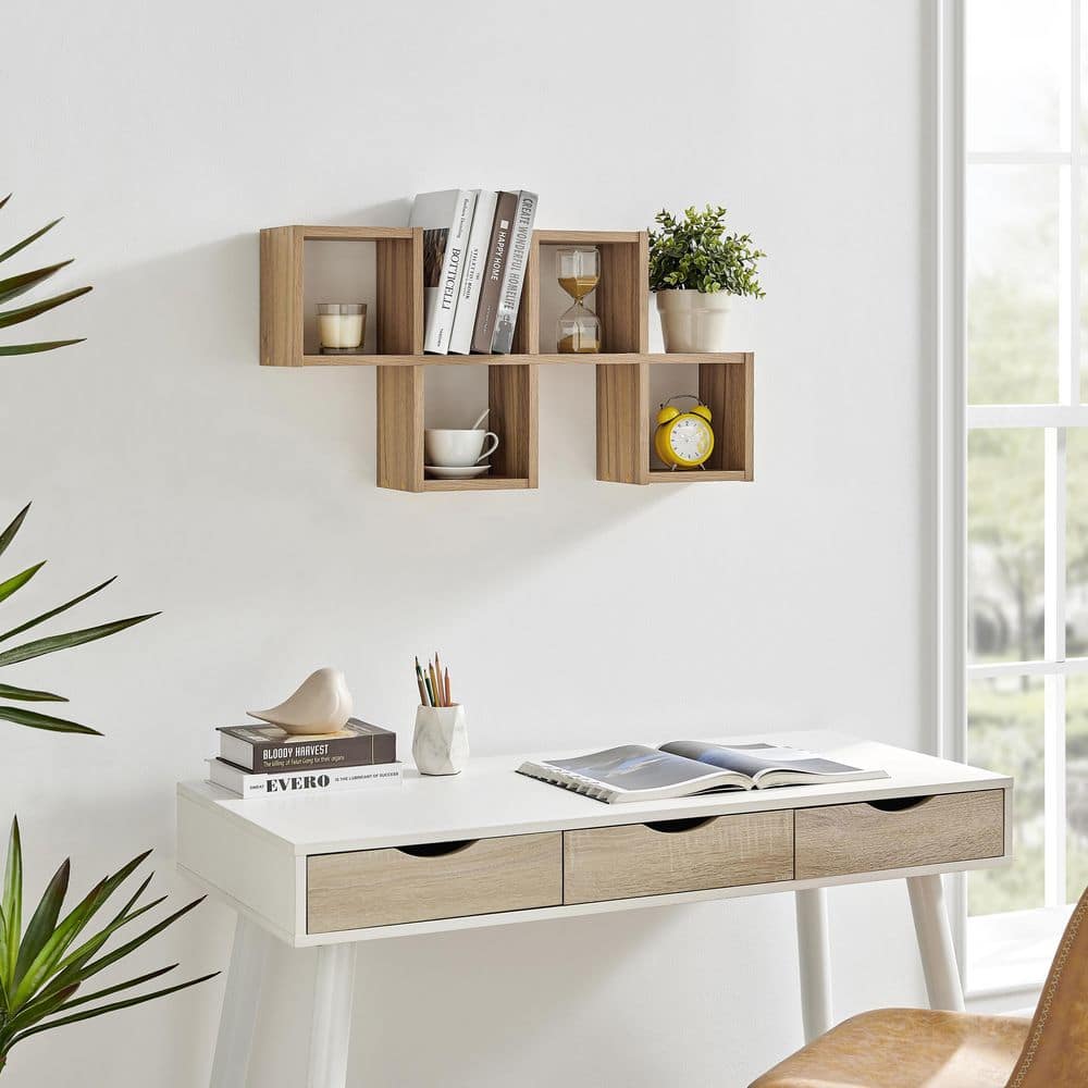 Chestnut Light Wood Floating Wall Shelf with Cubby Holes