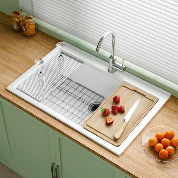 Workstation Kitchen Sink 33 in. 1-Hole Drop-In Single Bowl in White Fireclay Kitchen Sink with Cutting Board