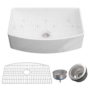 30 in. L x 20 in. W Farmhouse Apron Front Kitchen Sink, Fireclay Farm Single Bowl Sink Arch Edge Curved Deep Sink White