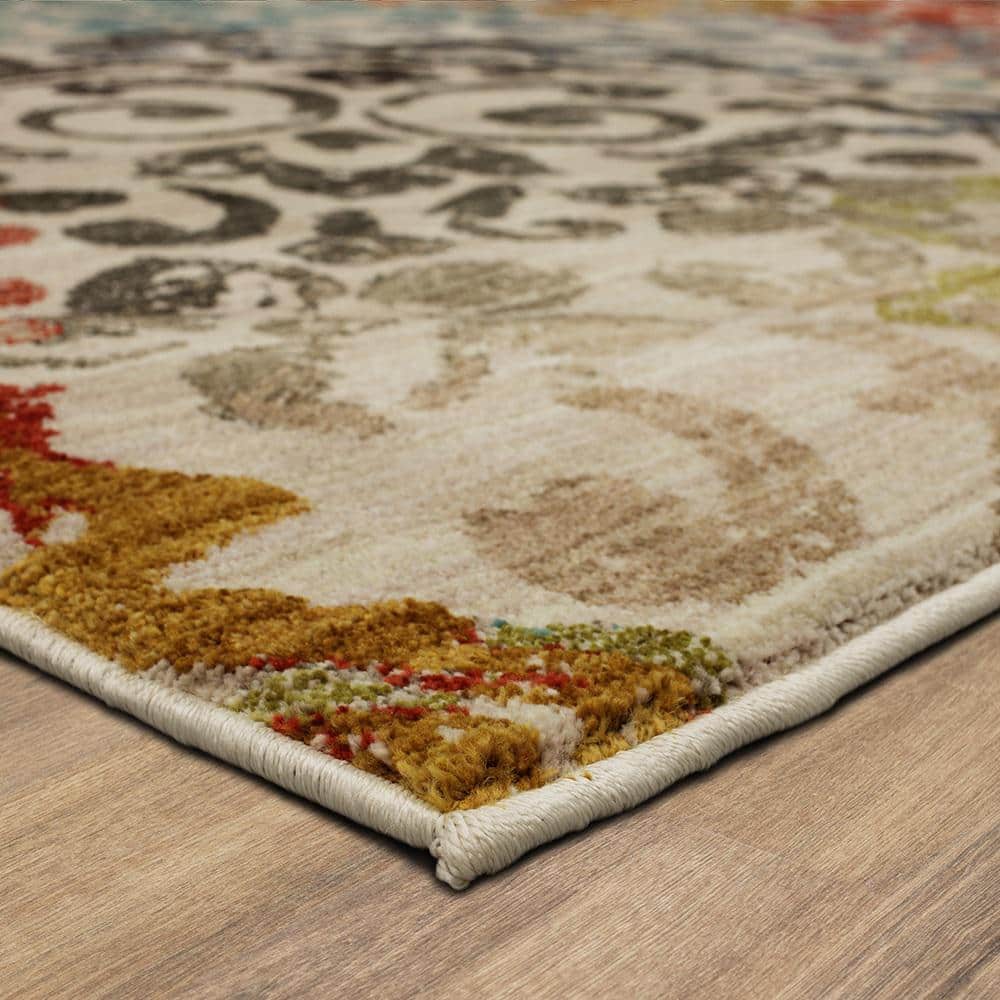Gray Multicolor Floral Synthetic Stain-Resistant Rectangular Area Rug