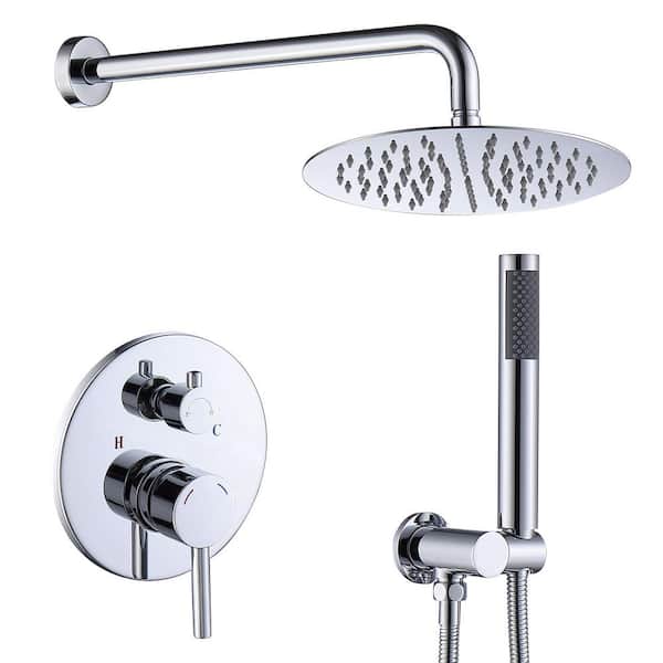 WELLFOR 2-Spray Patterns 1.8 GPM 10 in. Wall Mount Dual Shower Heads Round Shower Head with Hand Shower in Polished Chrome