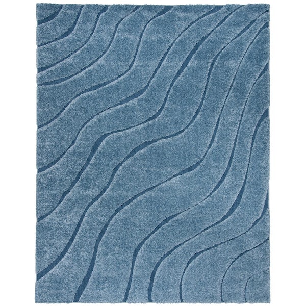 Florida Shag 10 ft. x 13 ft. Light Blue/Blue Striped Solid Color Area Rug