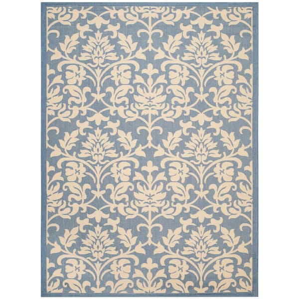 Courtyard Blue/Natural 9 ft. x 12 ft. Floral Indoor/Outdoor Patio  Area Rug