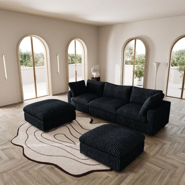 118.1 in. Rabbit Plush Fabric Square Arm 5-Piece Modular Free Combination Sectional Sofa in Black
