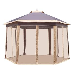 12 ft. x 10 ft. Khaki 2-Tier Lighted Pop-Up Canopy Tent with Solar LED Light and Zipper Net for Patio