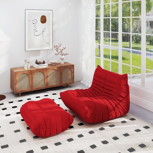 Magic Home Set of 2 Red Teddy Velvet Polyester 34 in. Fireside Lazy Bean Bag Chair Rebound Sponge Lounge Floor Sofa with Ottoman