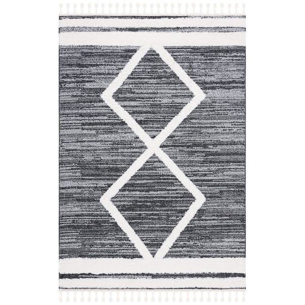 Moroccan Tassel Shag 8 ft. x 10 ft. Black/Ivory Border High-Low Diamond Area Rug