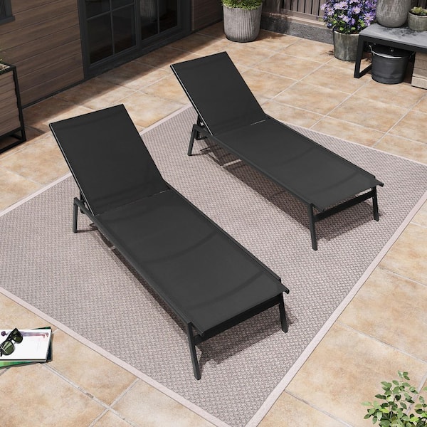 Metal Outdoor Patio Stackable Reclining Adjustable Chaise Lounge Chairs in Black (Set of 2)