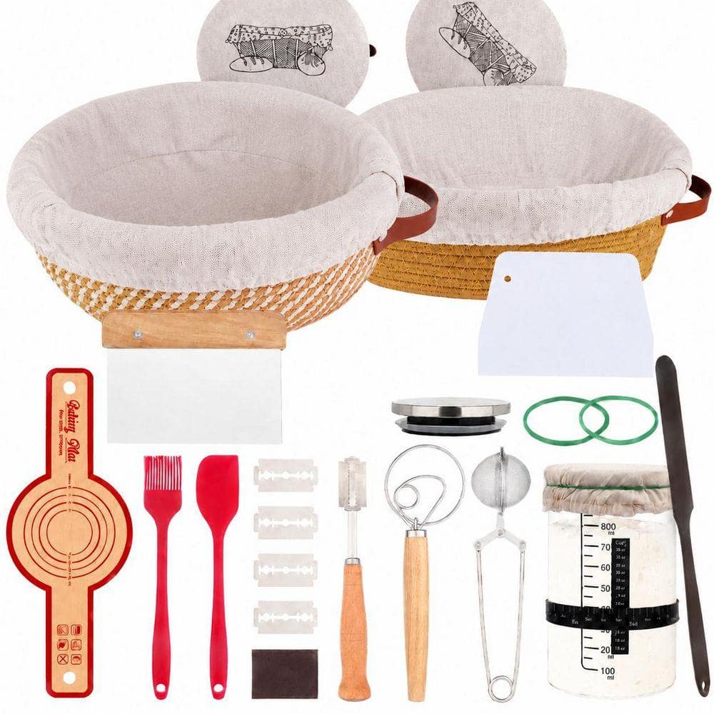 29-Piece Cotton Sourdough Bread Baking Starter Kit with Round and Oval Banneton Proofing Baskets and Dough Tools