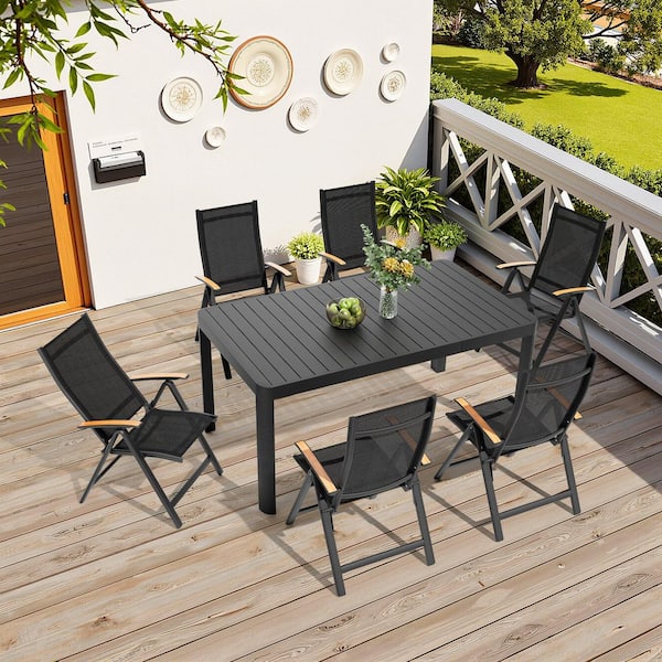 Black 7-Piece Metal Outdoor Dining Set with 63.8 in. Extension Table and Foldable Chairs