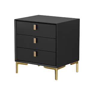 3-Drawer Black Side End Table With Gold Metal Legs For Living Room, Bedroom