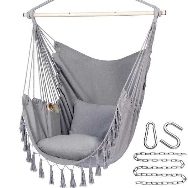 Angel Sar 3.15 ft. Portable Hanging Rope Swing Hammock Chair with Pocket and 2 Cushions, Light Gray