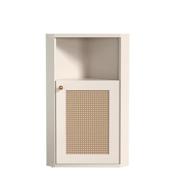 Farmhouse Bathroom Corner Storage Cabinet with Rattan Barn Door & Adjustable Shelf for Bathroom,Living Room&Kitchen