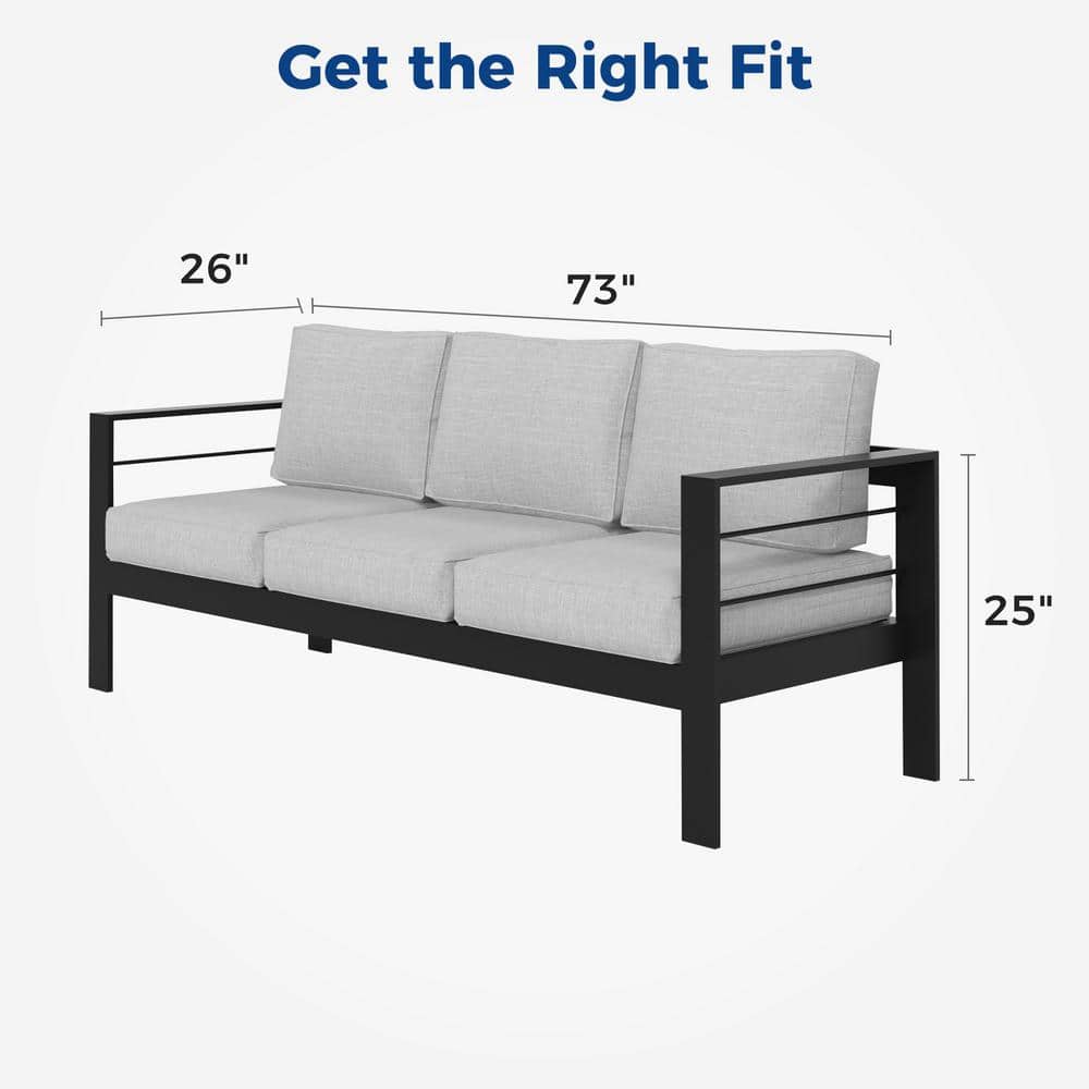 Black Aluminum Outdoor Sofa with Light Gray Cushions, 3-Seater